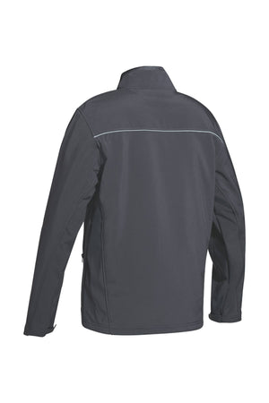 The Bisley Soft Shell Jacket is a black showerproof design with a high collar and long sleeves, shown from the back. It features reflective piping across the upper back, providing a stylish detail. The smooth fabric makes it ideal for cool weather.
