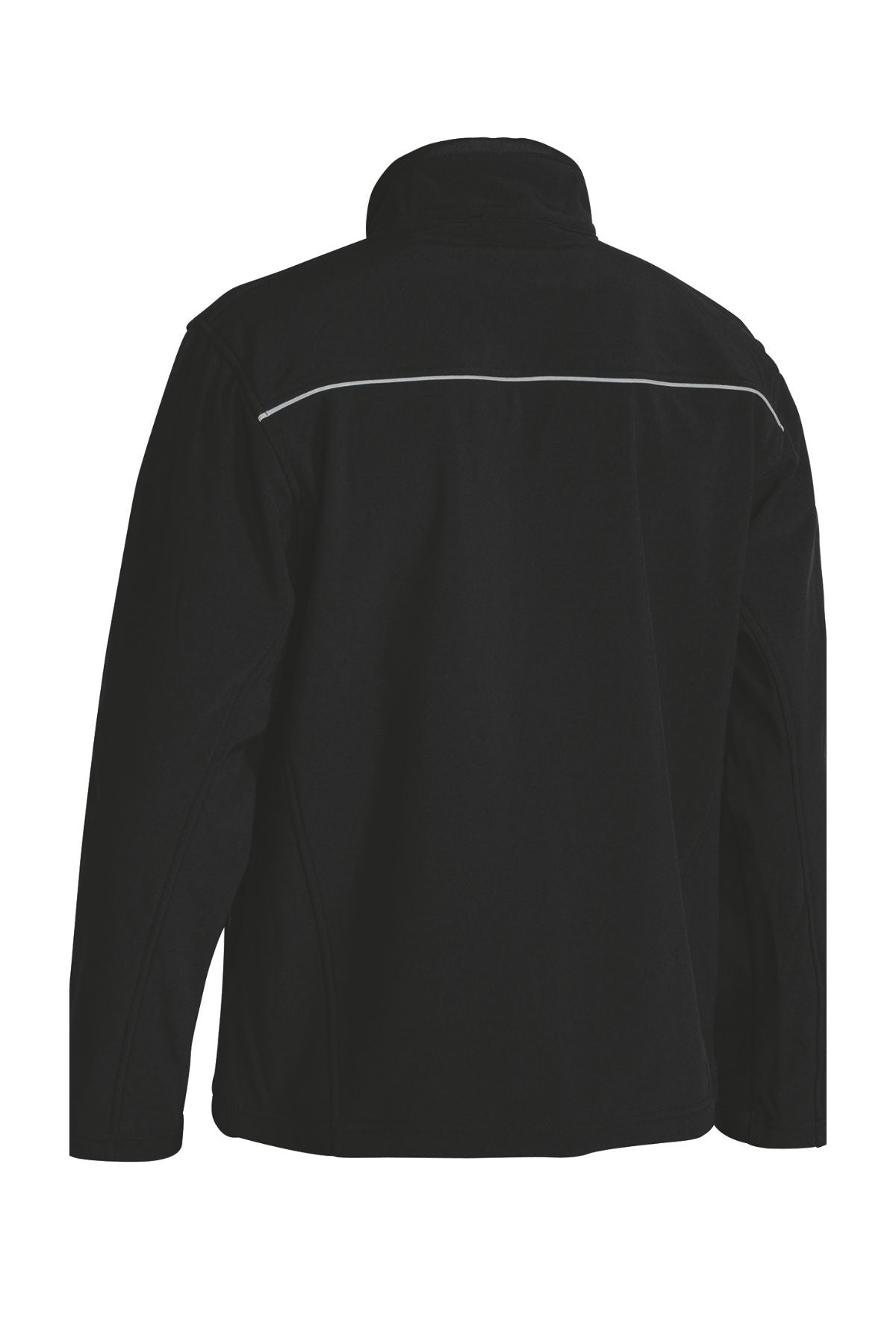 The Bisley Soft Shell Jacket is displayed from the back, showcasing a high collar and horizontal reflective piping across the upper back. Made from soft material suited for cool weather, this black showerproof jacket features long sleeves and offers a simple, sleek design.