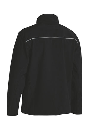 The Bisley Soft Shell Jacket is displayed from the back, showcasing a high collar and horizontal reflective piping across the upper back. Made from soft material suited for cool weather, this black showerproof jacket features long sleeves and offers a simple, sleek design.