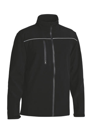The Bisley Soft Shell Jacket is a black, showerproof jacket designed with functionality in mind. It comes with a high collar and front zipper, includes a vertical zippered chest pocket for convenience, and features reflective piping for added safety. The jacket also has a horizontal accent line across the chest, giving it a sleek appearance.