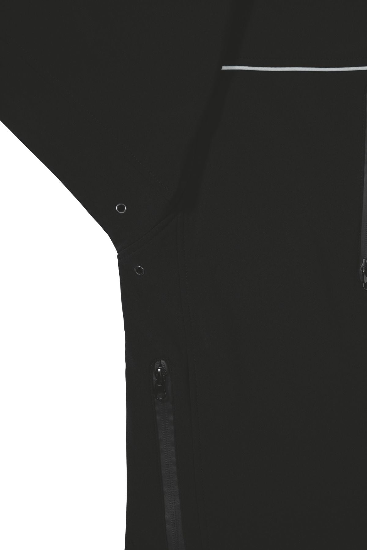 Close-up of the Bisley Soft Shell Jacket, showcasing a black showerproof design with a diagonal zipper pocket and seam details. The material has a smooth appearance, accented by subtle reflective piping near the top edge.