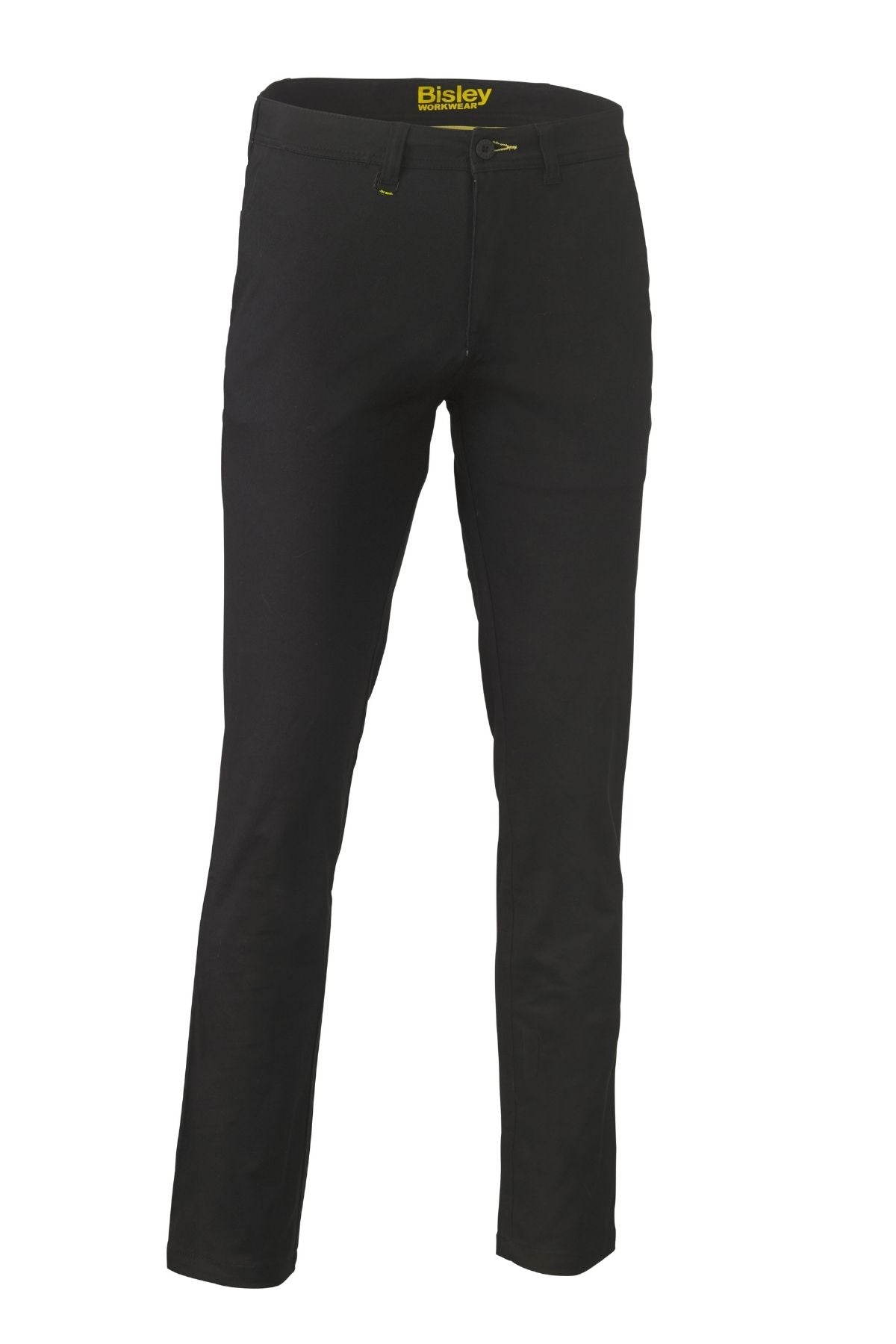 The Bisley Stretch Cotton Drill Work Pant is a pair of black, straight-leg trousers with UPF 50+ protection, button and zipper closure, and a yellow "Bisley" logo on the inner waistband. Shown on a white background.