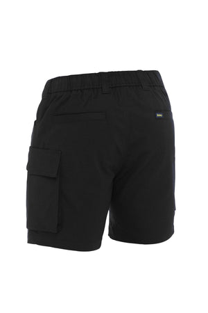 The Bisley Stretch Cotton Elastic Waist Cargo Short features black stretch cotton, an elastic waist, a back pocket, and a large left leg cargo pocket, shown against a plain white background.
