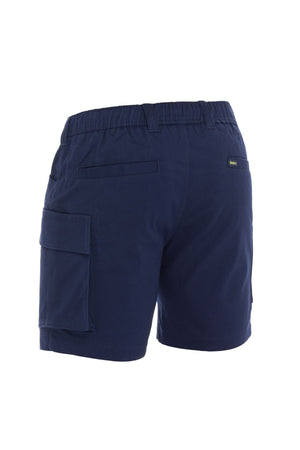 The Bisley Stretch Cotton Elastic Waist Cargo Short in navy features a back pocket, large side flap pocket, and elastic waist, shown from the back against a white background.