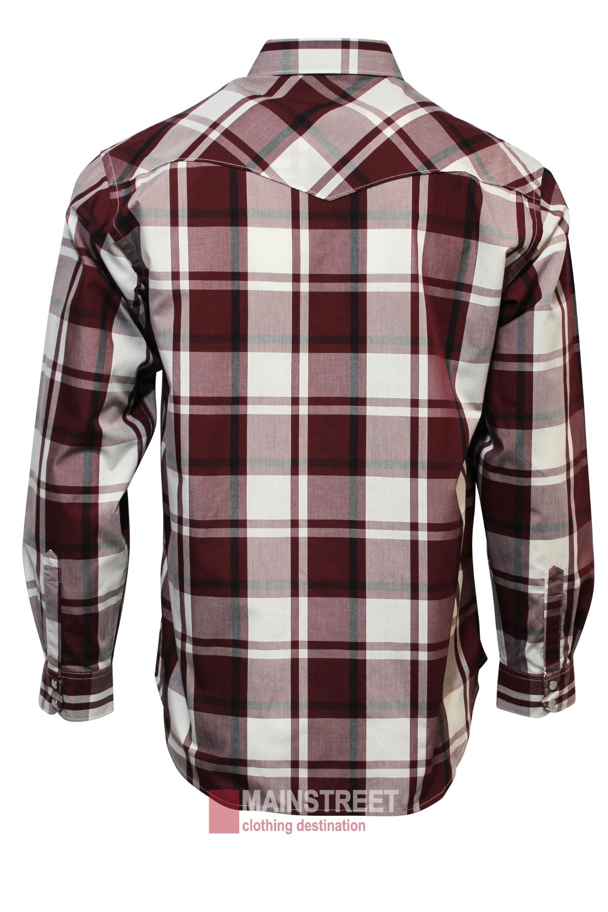 The Bisley Western Shirt is a long-sleeved, button-up top with a maroon, white, and black plaid pattern. Seen from the back, it features yoke detail and cuff buttons. "MAINSTREET clothing destination" logo appears below.
