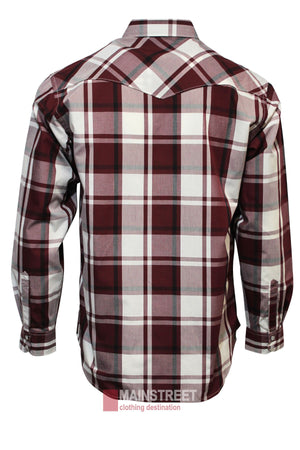 The Bisley Western Shirt is a long-sleeved, button-up top with a maroon, white, and black plaid pattern. Seen from the back, it features yoke detail and cuff buttons. "MAINSTREET clothing destination" logo appears below.