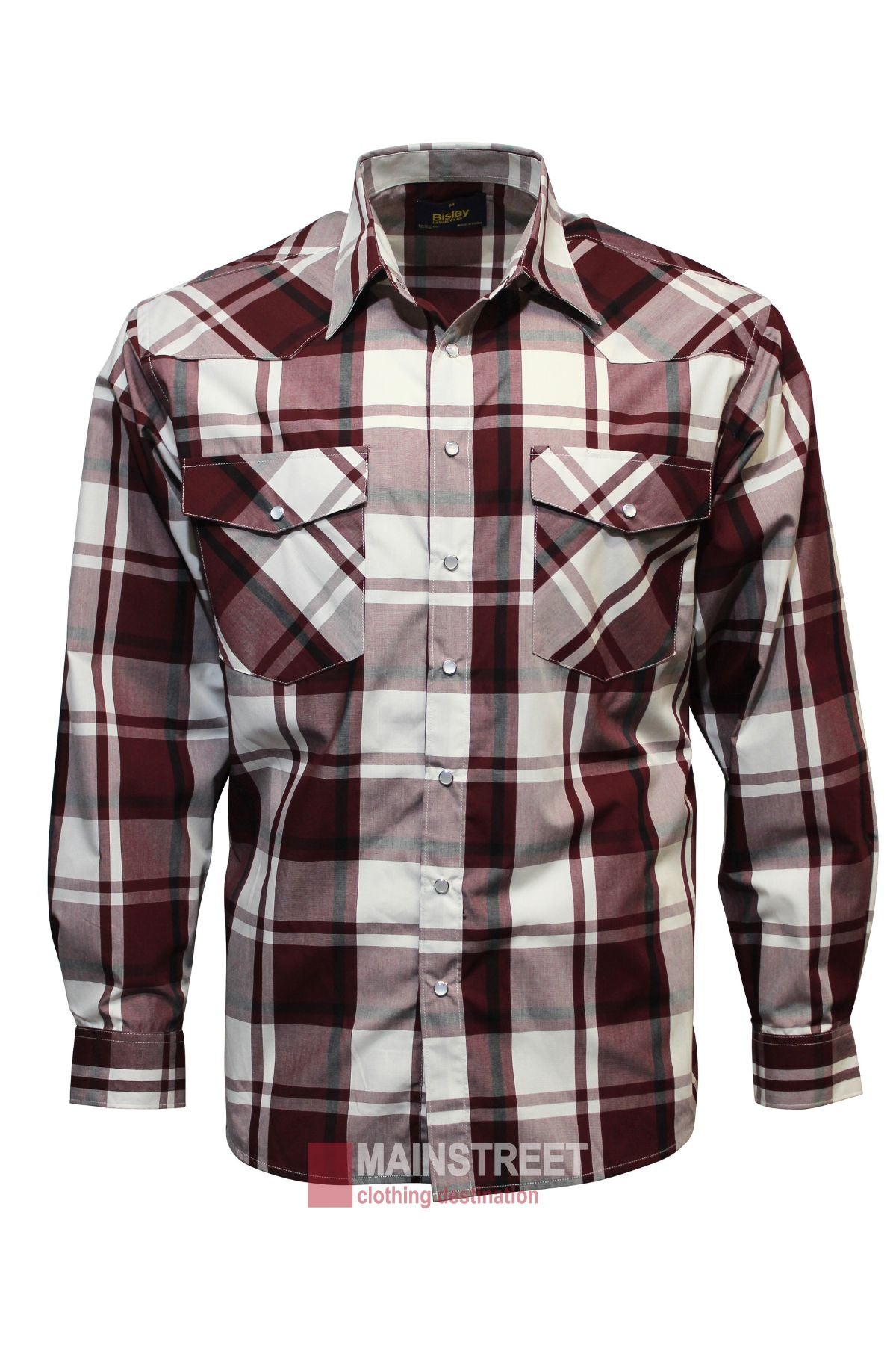 The Bisley Western Shirt is a long-sleeved, button-up polyester cotton shirt with a maroon, black, and white plaid pattern. It features two chest pockets with button flaps and a pointed collar.