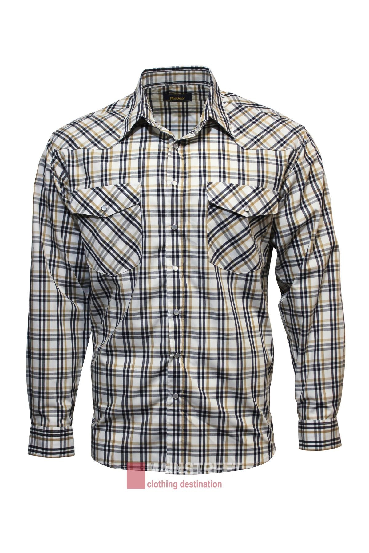 The Bisley Western Shirt is a long-sleeve, button-up with a white, navy blue, and yellow plaid pattern, two chest pockets, and a classic collar.