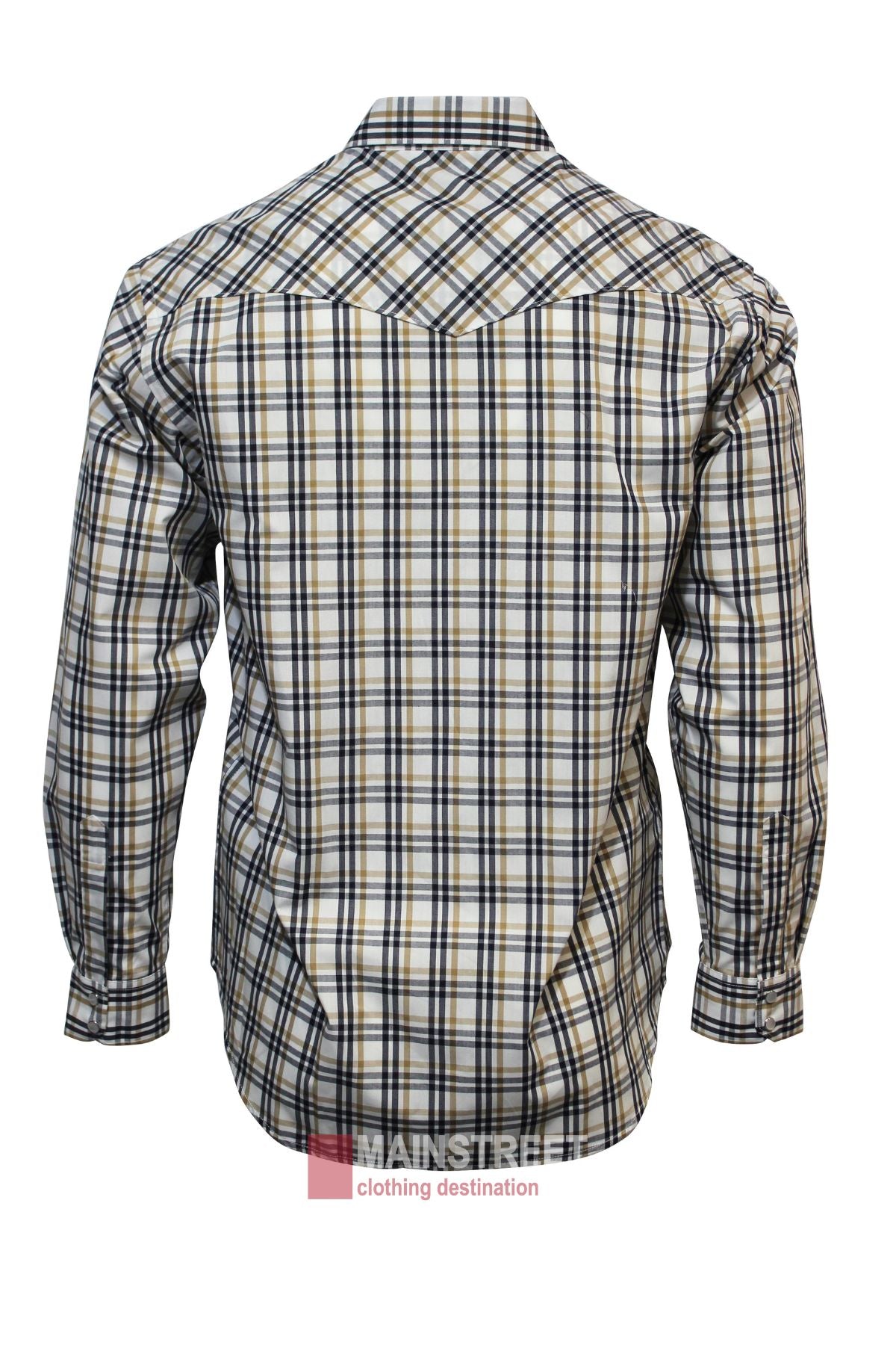 The Bisley Western Shirt is a long-sleeved, button-up with a blue, black, and white plaid pattern, shown from the back. It features a pointed collar and buttoned cuffs for classic style and comfort.
