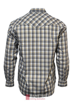 The Bisley Western Shirt is a long-sleeved, button-up with a blue, black, and white plaid pattern, shown from the back. It features a pointed collar and buttoned cuffs for classic style and comfort.