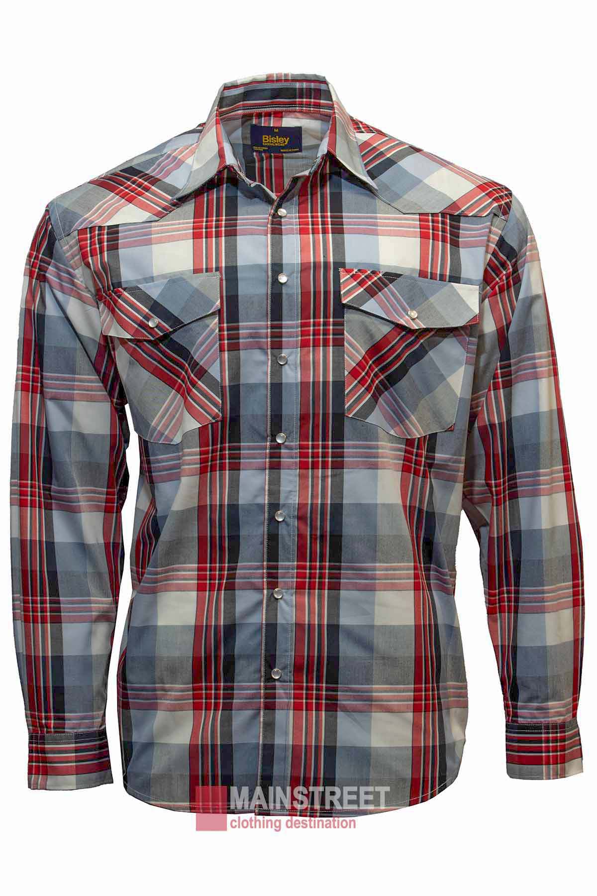A long-sleeved Bisley Western Shirt with a plaid pattern featuring red, white, and blue colors. This design boasts two buttoned chest pockets, pearl snap buttons, and a crisp collar. Crafted from a durable Polyester/Cotton blend, the red and grey tag at the bottom reads "MAINSTREET clothing destination.
