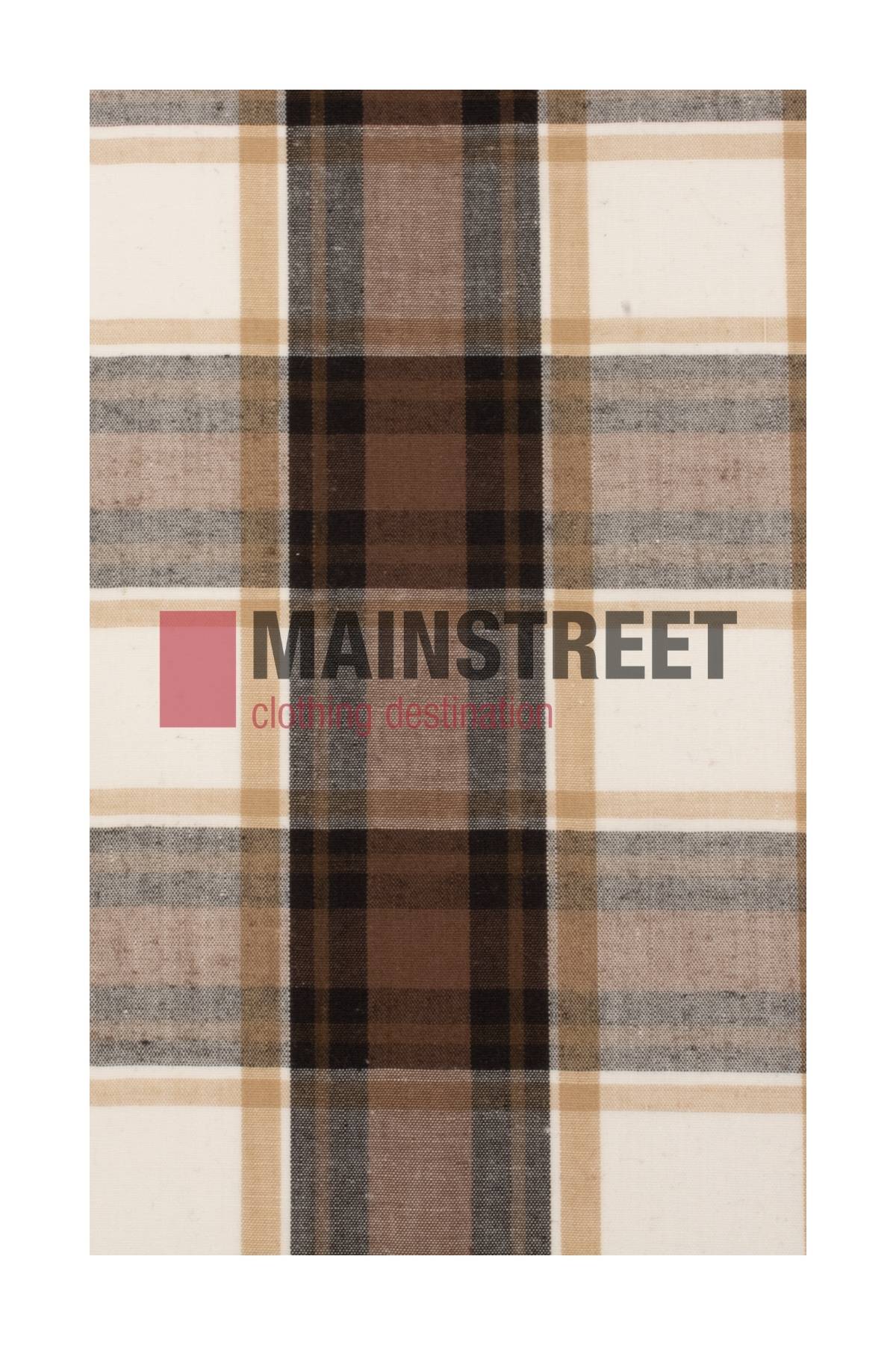 A rectangular fabric with a plaid pattern in brown, tan, black, and white inspired by the Bisley Western Shirt. MAINSTREET's red and black logo is centered on the polyester/cotton blend material.