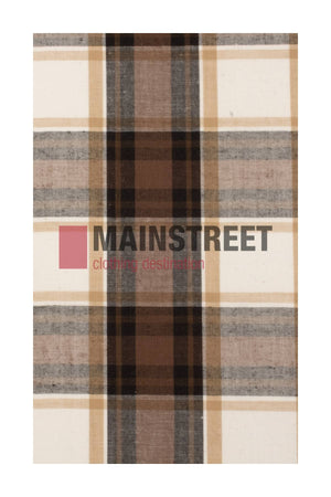 A rectangular fabric with a plaid pattern in brown, tan, black, and white inspired by the Bisley Western Shirt. MAINSTREET's red and black logo is centered on the polyester/cotton blend material.