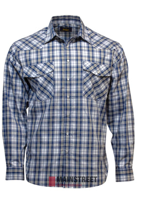 The Bisley Western Shirt is a long-sleeve, button-up shirt made from a polyester/cotton blend, featuring a blue and white checkered pattern and two buttoned chest pockets with flaps.