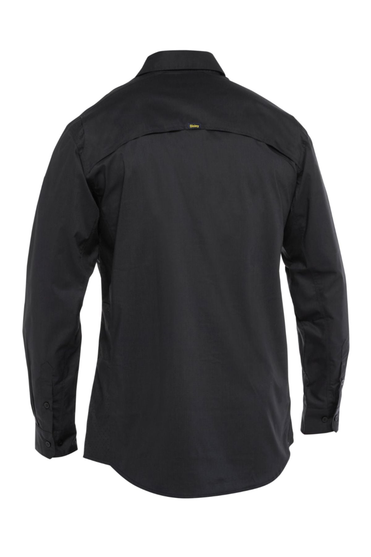 The Bisley X Airflow Stretch Ripstop Shirt is shown from the back in black, with long sleeves, buttoned cuffs, and a subtle upper back vent for enhanced airflow ventilation.