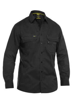 The Bisley X Airflow Stretch Ripstop Shirt for men is shown in black with two chest pockets and a collar on a plain white background. This lightweight, long sleeve work shirt offers comfort and durability for any job.