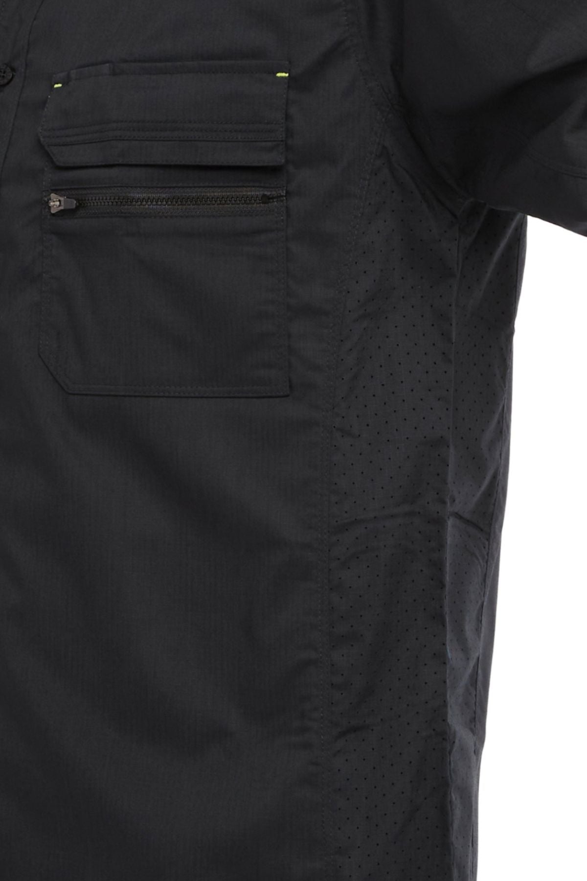 A close-up of the upper section of a black Bisley X Airflow Stretch Ripstop Shirt, showcasing ventilation, a zippered chest pocket, a flap pocket, and perforated side fabric—ideal with a long sleeve work shirt.