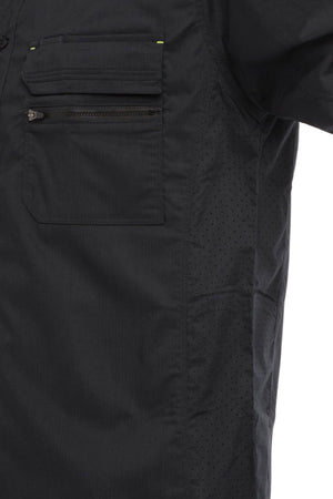 A close-up of the upper section of a black Bisley X Airflow Stretch Ripstop Shirt, showcasing ventilation, a zippered chest pocket, a flap pocket, and perforated side fabric—ideal with a long sleeve work shirt.