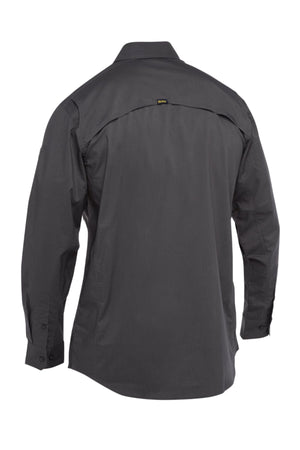 A long-sleeved dark gray Bisley X Airflow Stretch Ripstop Shirt is shown from the back, featuring a vented upper back panel and a small black tag below the collar.