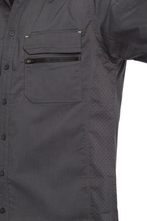 Close-up of a dark grey Bisley X Airflow Stretch Ripstop Shirt featuring a zippered front chest pocket, buttoned flap, and perforated side panel detailing.