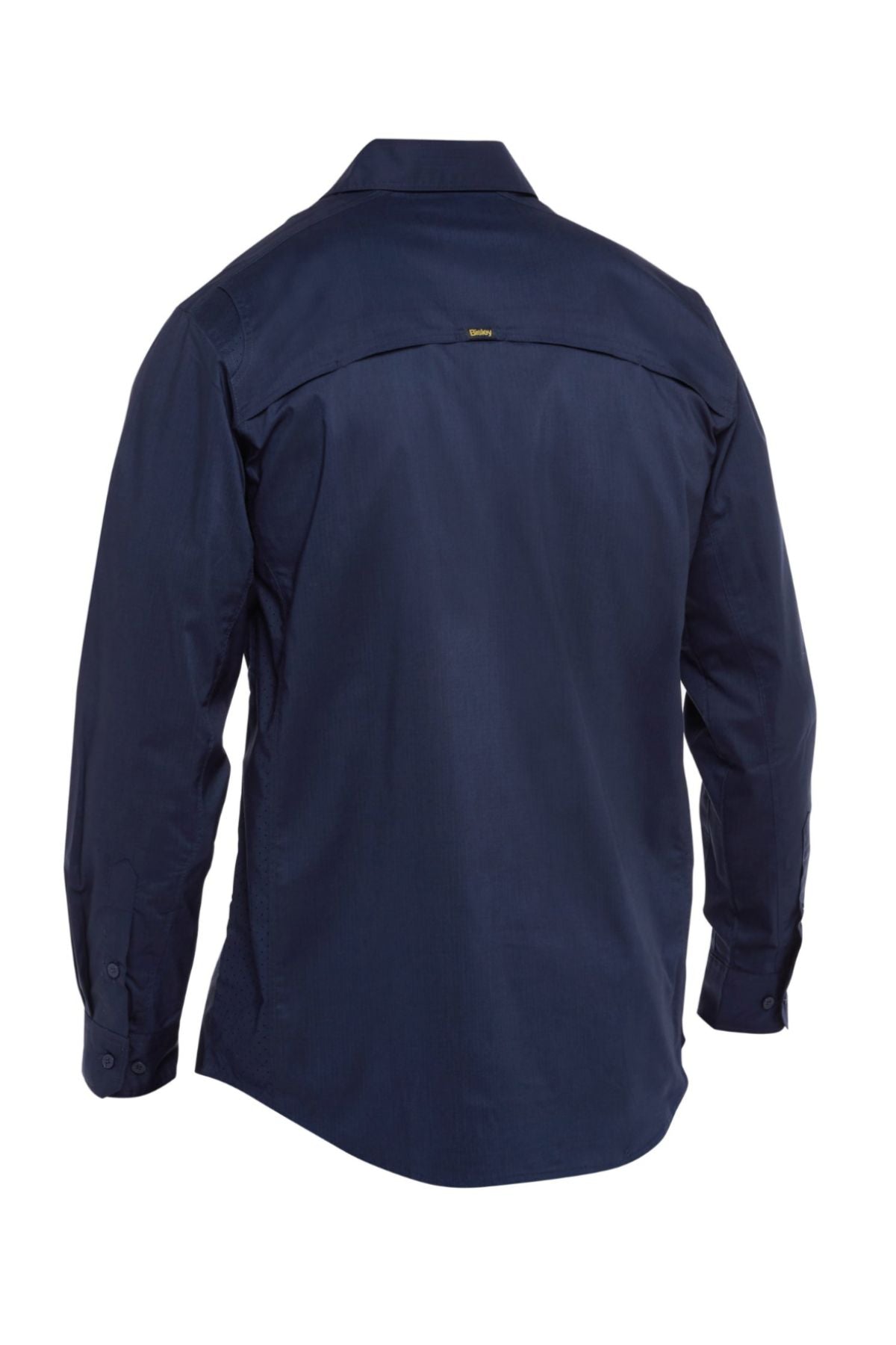 The Bisley X Airflow Stretch Ripstop Shirt is displayed from the back in navy blue, featuring a shoulder yoke, buttoned cuffs, and subtle airflow vents for enhanced comfort.