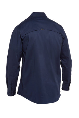 The Bisley X Airflow Stretch Ripstop Shirt is displayed from the back in navy blue, featuring a shoulder yoke, buttoned cuffs, and subtle airflow vents for enhanced comfort.