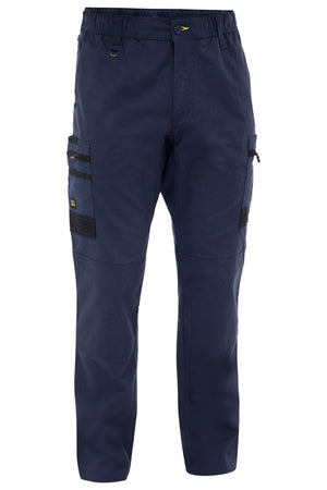 Bisley Flex & Move Stretch Canvas Elastic Waist Cargo Pant in navy blue, crafted from stretch cotton canvas with multiple side pockets, black accents, and an elastic waistband, shown on a white background.