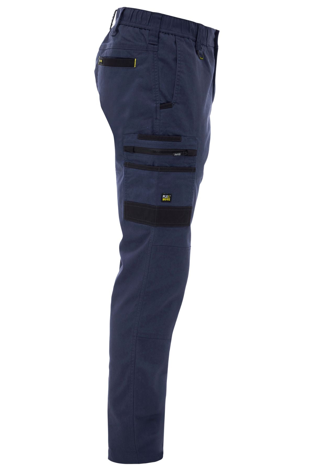 A side view of the Bisley Flex & Move Stretch Canvas Elastic Waist Cargo Pant in blue, featuring black Cordura® panels and several zippered and flap pockets on the thigh and hip.