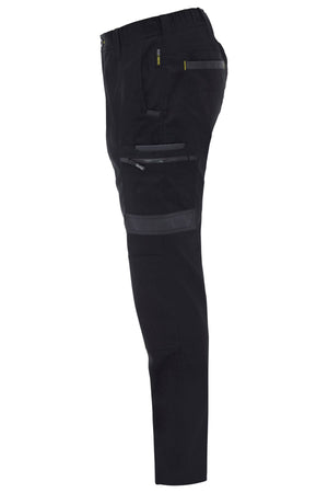Side view of Bisley Flex & Move Stretch Canvas Elastic Waist Cargo Pant in black, slim-fit with multiple zippered pockets and reflective strips on thigh and knee, made from durable Cordura® fabric for extra strength.