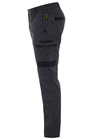 Side view of Bisley Flex & Move Stretch Canvas Elastic Waist Cargo Pant in black, featuring multiple zippered pockets, elastic waistband, and slim tapered fit, made from stretch cotton canvas for comfort and durability.