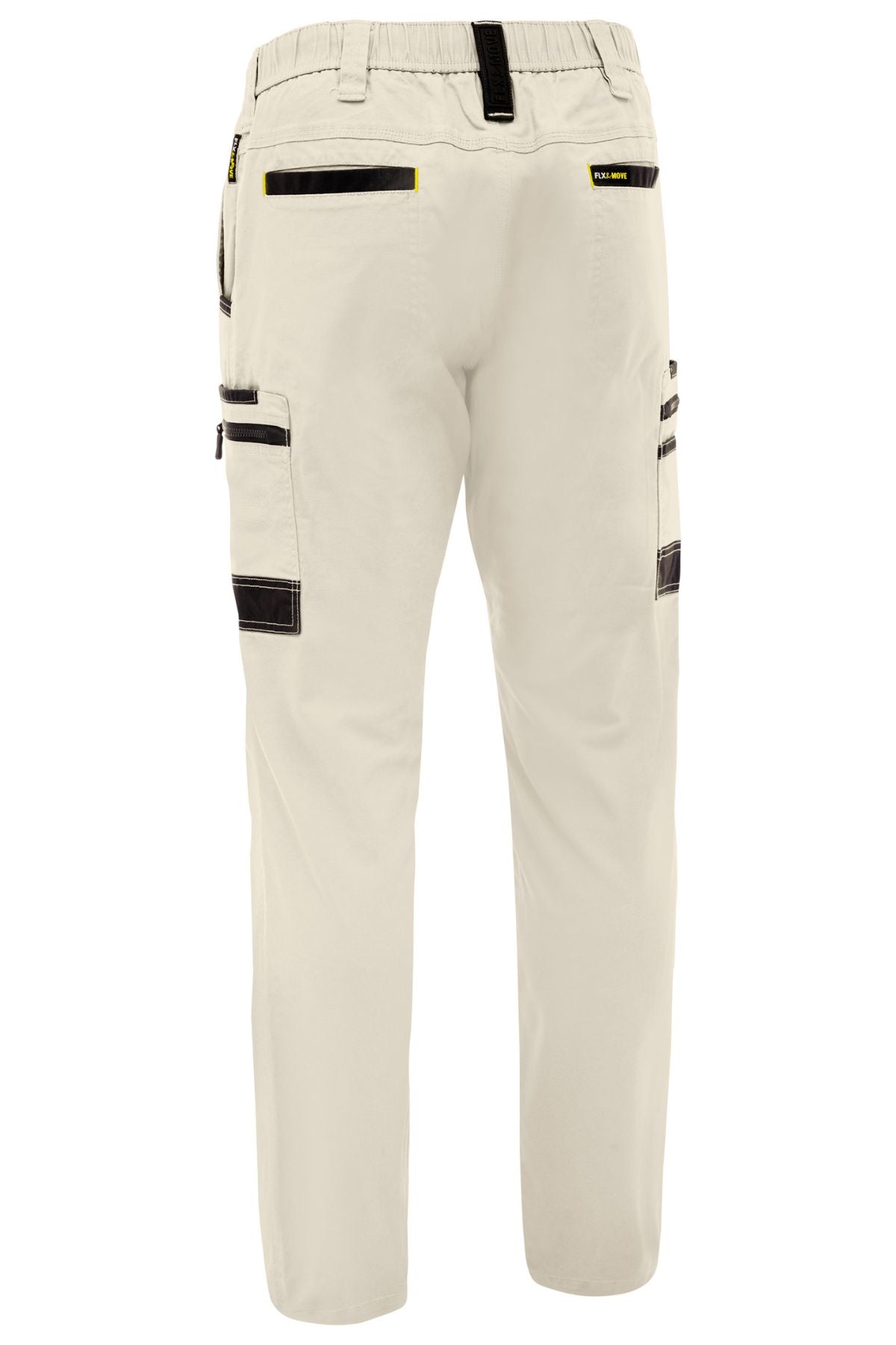 Bisley Flex & Move Stretch Canvas Elastic Waist Cargo Pant in beige, made from stretch cotton canvas with multiple black-accented pockets, elastic waistband, and straight legs, shown from the back against a white background.