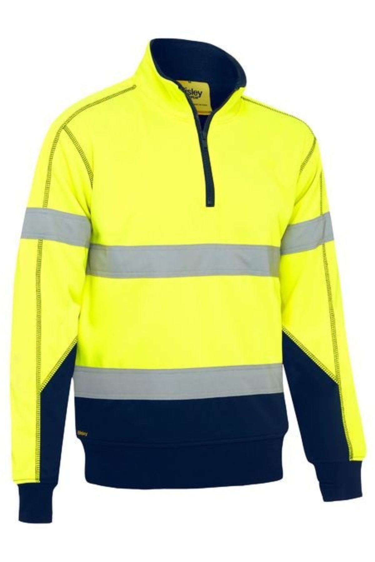 The Bisley Taped Hi Vis Fleece Pullover With Sherpa Lining is a yellow and navy polyester fleece sweatshirt with a half-zip front and silver reflective stripes for enhanced safety and visibility.