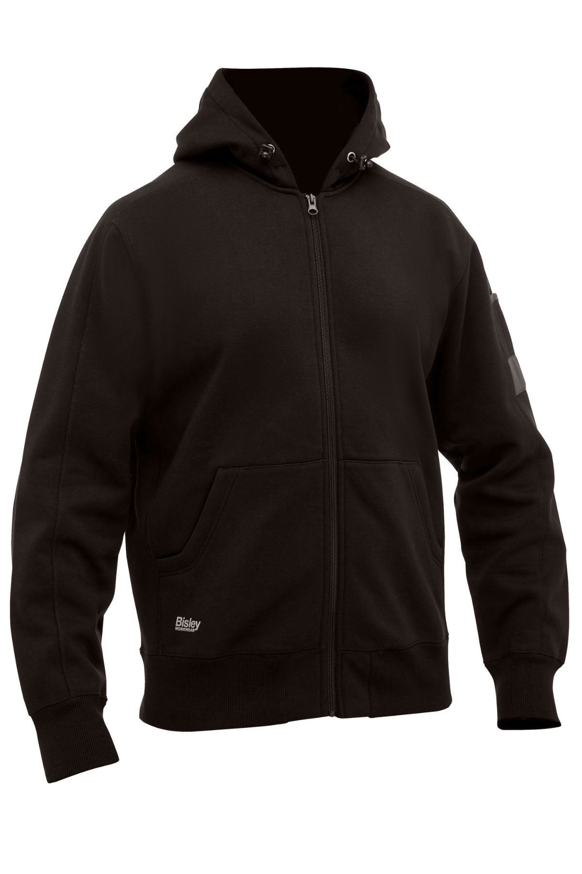 The Bisley Work Fleece Full Zip Hoodie features a plush inner, front pockets, ribbed cuffs and hem, and a subtle "Bisley" logo on the lower left front. Shown on a plain mannequin for classic comfort and style.