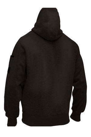The Bisley Work Fleece Full Zip Hoodie is shown from the back with the hood up and sleeves down. It features a relaxed fit, plush inner for comfort, and a plain black design with no visible logos or patterns.