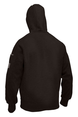 A person wearing a plain black Bisley Work Fleece Full Zip Hoodie, seen from the back with the hood up and arms relaxed. The hoodie features a small rectangular patch on one sleeve and a plush inner lining for comfort.