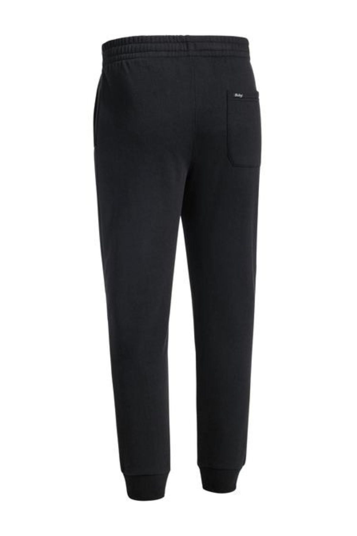 The Bisley Work Trackpant is a black slim fit style seen from the back, with an elastic waistband, side pockets, a right back pocket, and fitted ankle cuffs in a soft cotton/polyester blend.