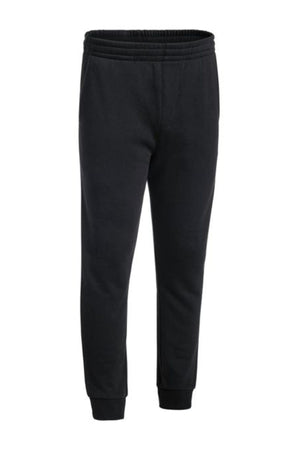 The Bisley Work Trackpant is a pair of slim fit black jogger sweatpants made from a soft cotton/polyester blend, featuring an elastic waistband and cuffs, shown against a white background.