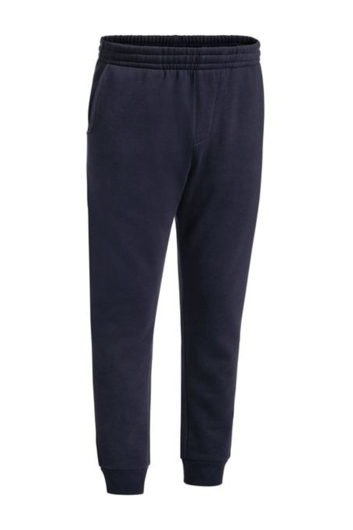 The Bisley Work Trackpant is a dark navy blue sweatpant featuring an elasticated waistband, side pockets, and slim fit legs, displayed against a white background.