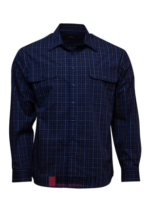 The Bisley Countryman Shirt is a long-sleeved, button-up shirt in blue and black plaid, featuring two chest pockets with buttoned flaps, made from a durable and comfortable polyester/cotton blend.