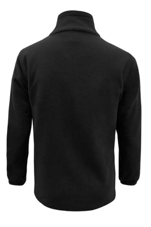 A Biz Collection Plain Micro Fleece Jacket in black, shown from the back, features long sleeves, a high collar, and is made from 100% polyester fleece.
