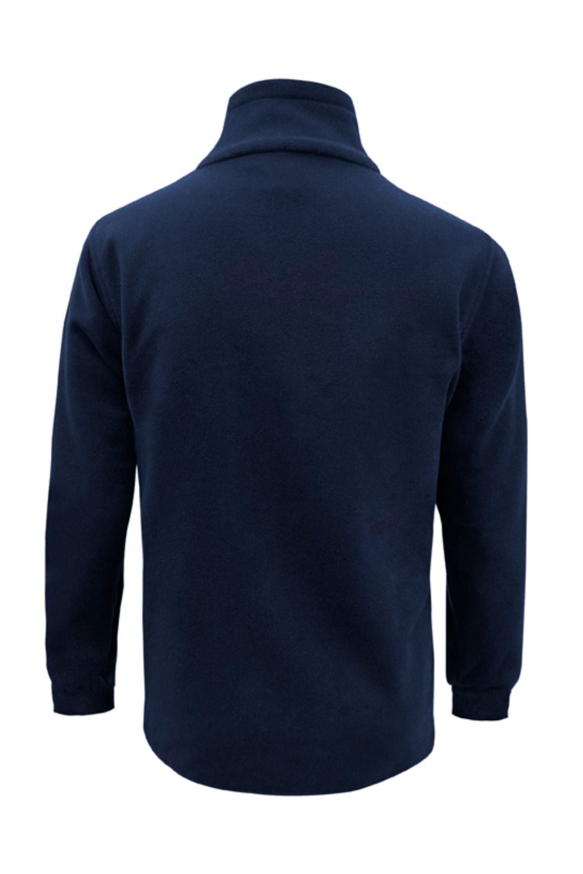 The Biz Collection Plain Zip Front Fleece is a long-sleeved, navy blue polyester jumper with a high collar and simple, undecorated design, shown from the back.