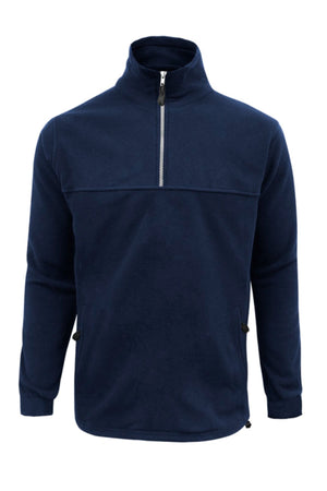 The Biz Collection Plain Zip Front Fleece is a navy blue polyester jumper featuring a high collar, half-zip front, long sleeves, and zippered side pocketsβperfect for effortless style.