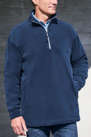 A man stands with one hand in his pocket against a gray background, wearing the Biz Collection Plain Zip Front Fleece in navy. His face is partially out of frame.