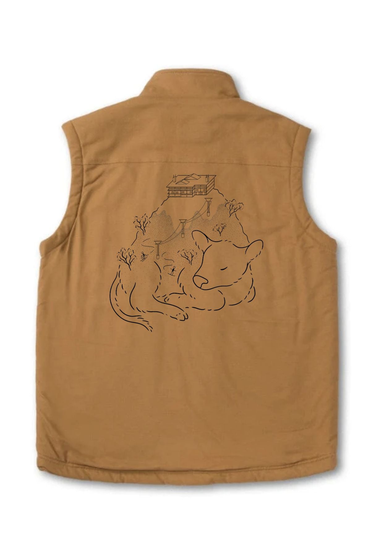 The Blue Cow Perisher Sherpa Lined Vest features a black line art of a sleeping fox with trees and a Japanese building on the back. Tan, sherpa lined, and available now for pre-order.