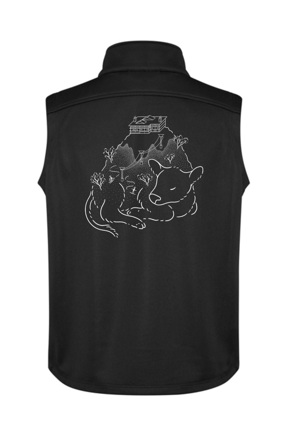 The Blue Cow Perisher Softshell Vest PRE-ORDER features a white line drawing of a cow lying down with trees, bushes, and a farmhouse on the back. Inspired by Blue Cow Perisher. Now available for pre-order.