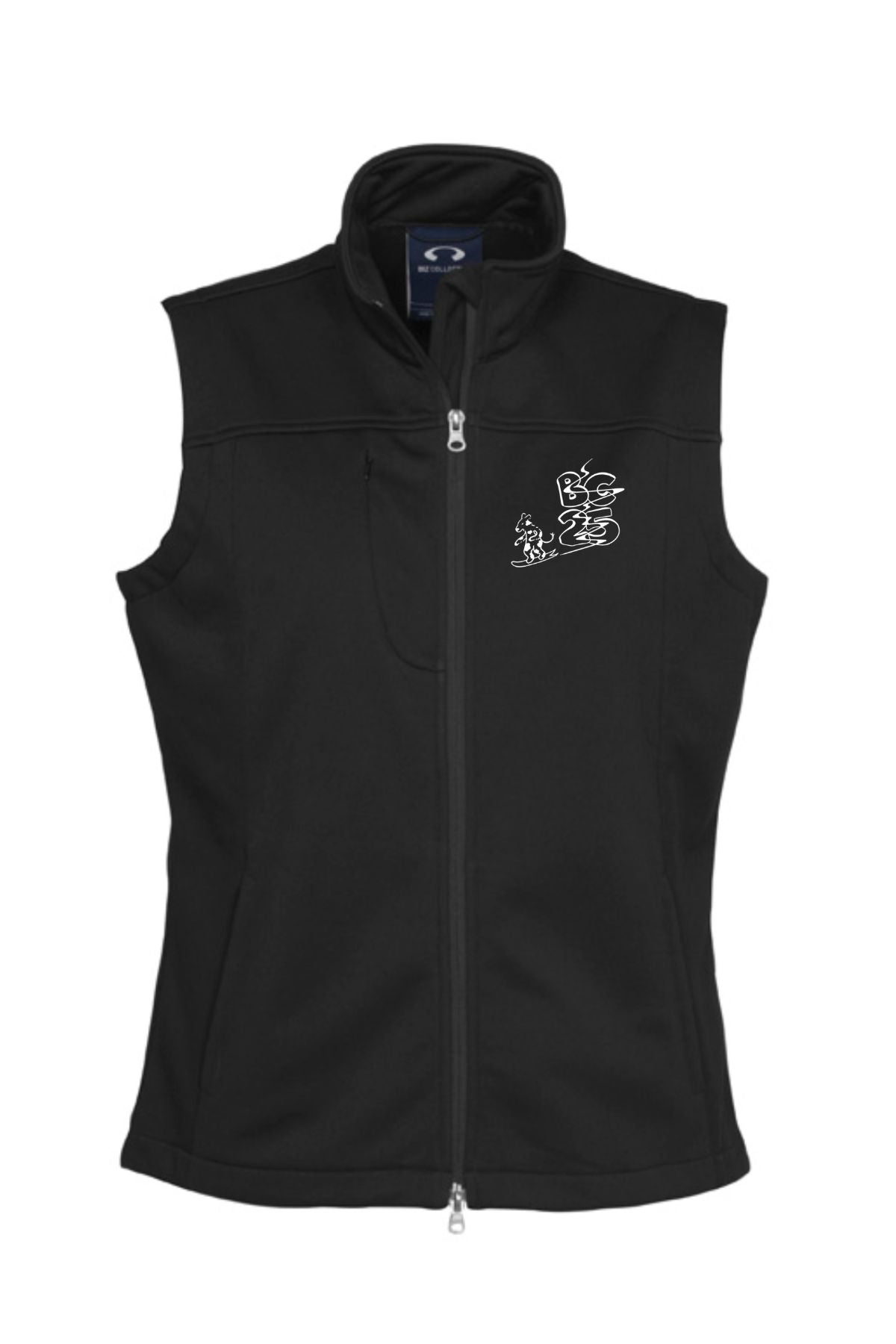 A blue, sleeveless zip-up Blue Cow Perisher Womens Softshell Vest (pre-order) with a small white embroidered dragon logo on the left chest, featuring a high collar and a fitted silhouette.