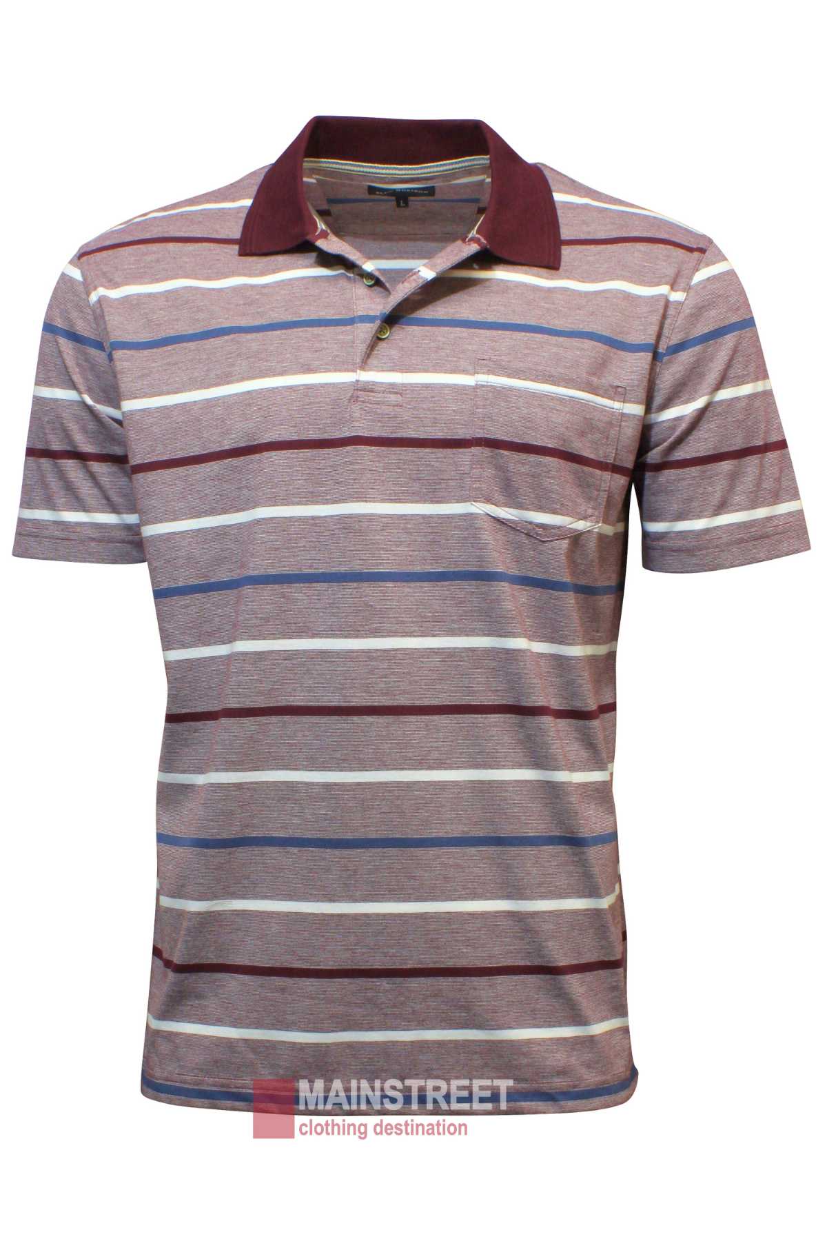 The Blue Horizon Jersey Striped Polo is a men's short-sleeved, collared shirt with maroon, white, and blue stripes, a maroon collar and sleeve ends, classic 3-button closure, and a single left breast pocket.