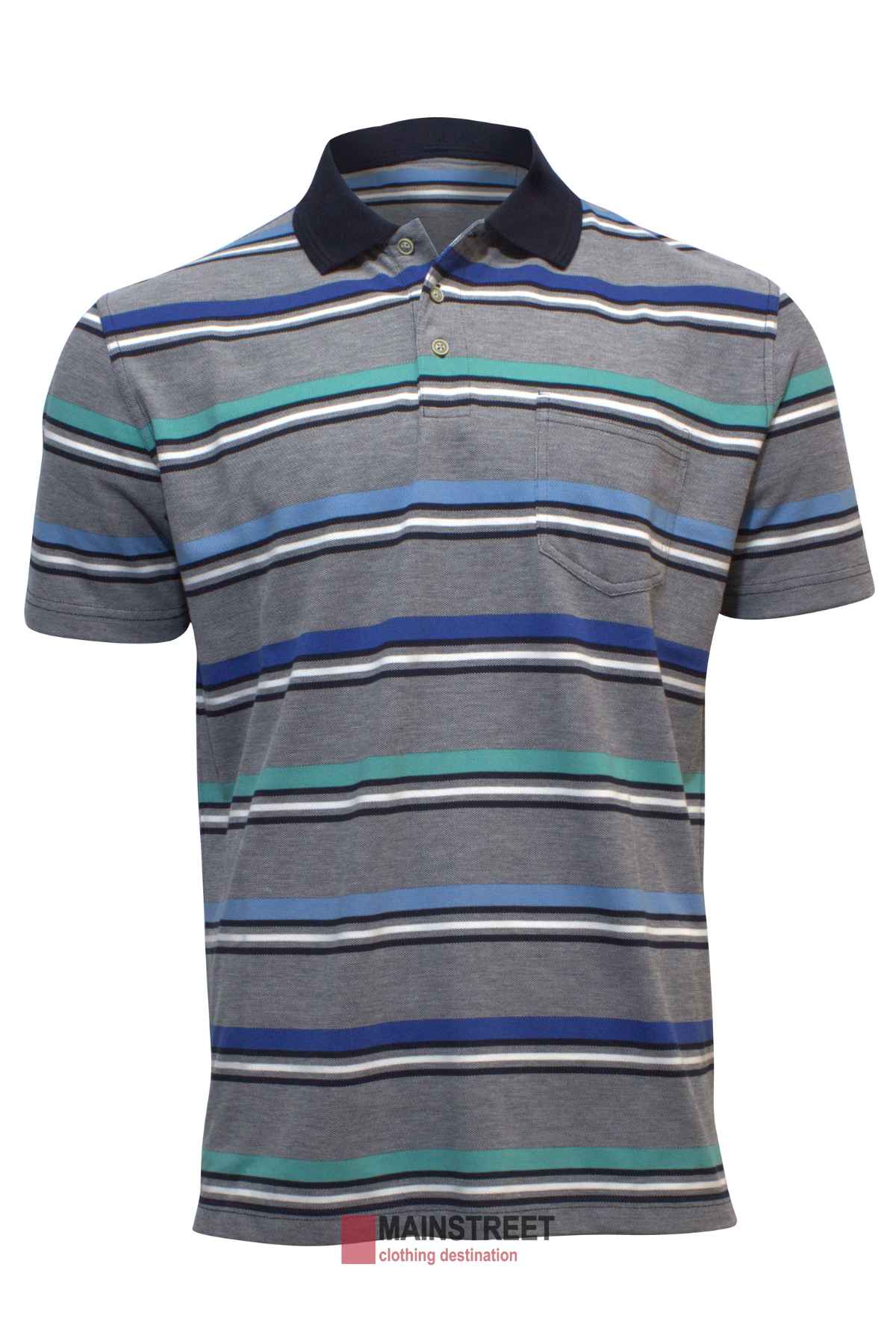 Meet the Blue Horizon Striped Polo, ideal for casual outings with its stylish blue, green, and gray stripes, short sleeves, and dark blue collar. It includes a chic left chest pocket for added detail.