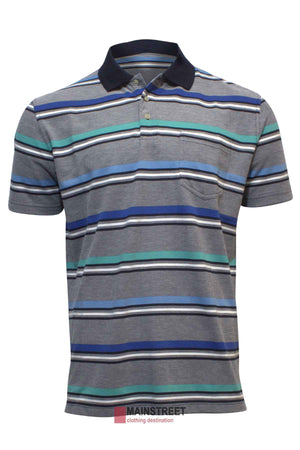 Meet the Blue Horizon Striped Polo, ideal for casual outings with its stylish blue, green, and gray stripes, short sleeves, and dark blue collar. It includes a chic left chest pocket for added detail.