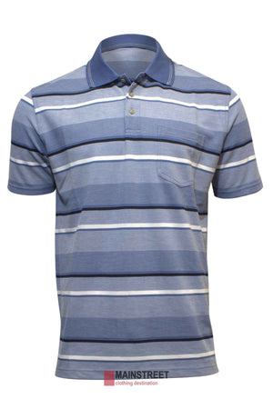 The Blue Horizon Striped Polo by Mainstreet showcases stylish blue, white, and gray stripes, a chest pocket, buttoned placket, and short sleeves for comfort.